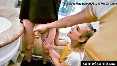 Blonde teen Natalie Knight kneels surprised as coach gropes her in BFFs threesome with Gabriela Lopez