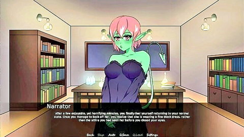 Anime green-skinned elf witch in revealing black dress