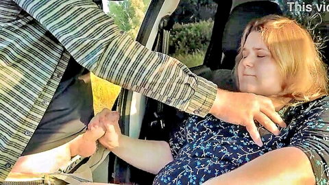 BBW blonde in car has face gripped by man groping her outdoors amateur