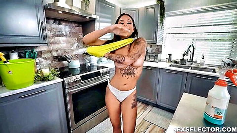 Valerica Steele topless in white panties, teasing with cleaning cloth