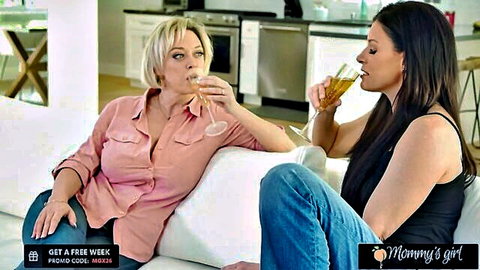 Busty blonde and brunette stepmoms sipping wine in lesbian prelude, Girlsway Mommy's Girl