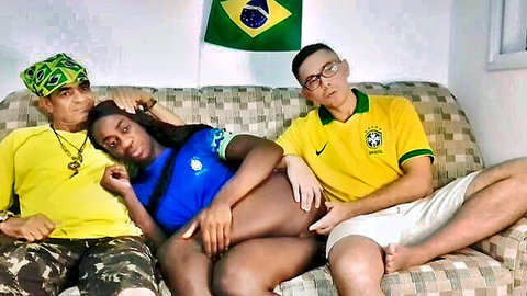 Ebony pregnant woman in Brazil jersey touched intimately by two men in threesome