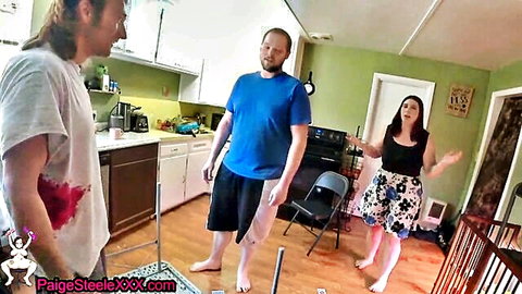 Amateur white couple shares busty wife with friend, casual home scene