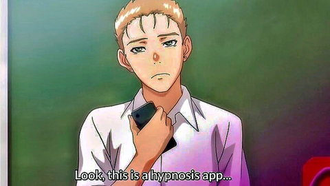 Blond anime teen guy in white shirt holds phone showing hypnosis app