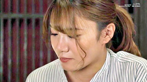 Japanese woman in striped shirt, contemplative expression, JAV solo scene thumbnail