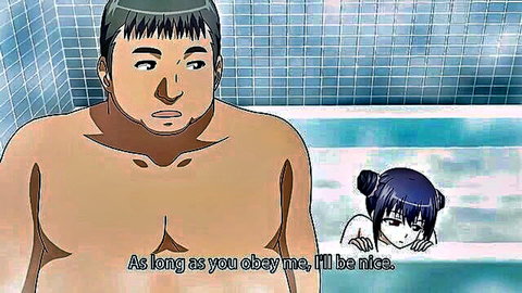 Hentai thumbnail: Muscular man dominates petite black-haired girl in bathtub from Ero Konbini Tenchou 5