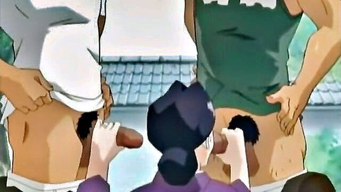 Purple-haired hentai woman handjobs two muscular guys' big throbbing cocks outdoors