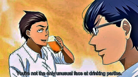Two anime guys chatting at a drinking party in hentai video
