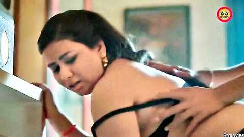 Curvy Indian woman in black lingerie bent over, groped from behind