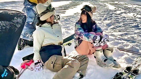 Asian college girls in winter gear, big tits JAV thumbnail, snowy outdoor fun