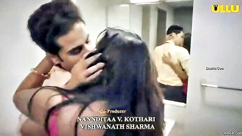 Indian couple passionate kiss in office toilet