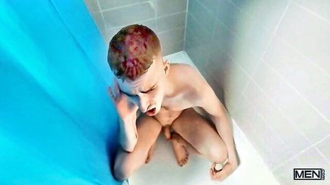 Nude muscular guy in shower, exposed genitals, starring Markus Kage, Alex Mecum, Ryan Jacobs gay threesome