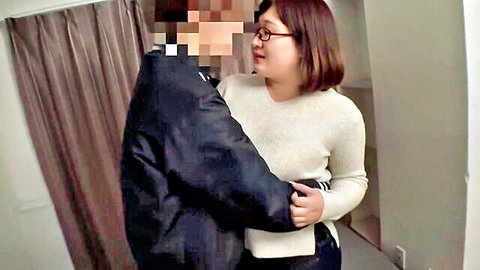 Plump Asian student in glasses embraced by man in coat, JAV style hug