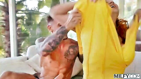 Maitland Ward redhead MILF in yellow dress lifted for big cock penetration
