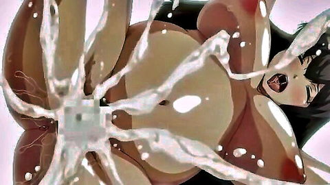 Busty black-haired anime girl drenched in cum, explicit hentai scene