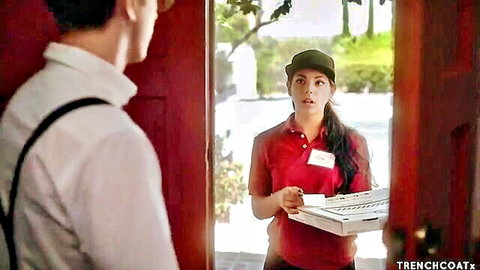 Gina Valentina as pizza delivery girl holding box at client's door