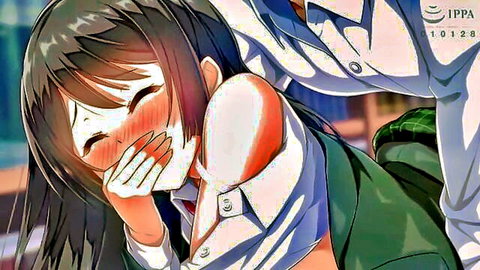 Blushing anime schoolgirl in uniform embraced intimately from behind