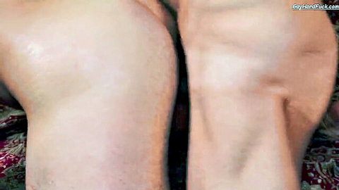 Skinny white gay guys hairy legs spread wide showing average asses on bed