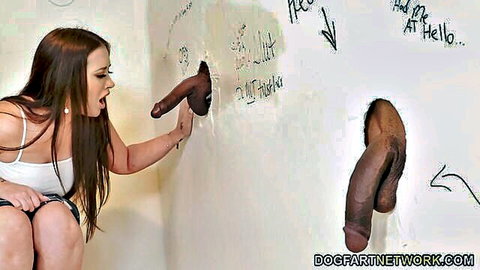 Skinny brunette teen grabs huge BBC through gloryhole in graffiti wall