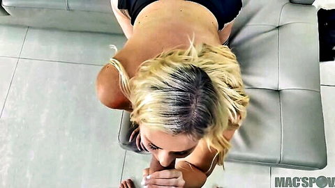 Blonde with huge tits deepthroats big cock in intense POV blowjob on couch