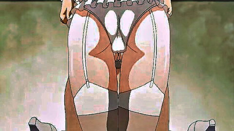 Hentai anime girl spreading legs in white thigh-high stockings and garter belt teasing crotch view