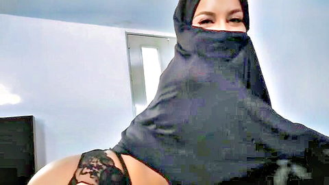 Arab hijab slut teasing big juicy ass in black lace thong lingerie