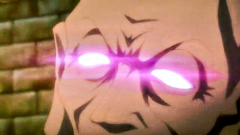 Intense anime demon face with glowing pink eyes in hentai video
