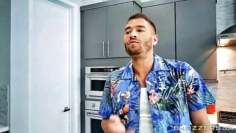 Brazzers hunk in blue floral Hawaiian shirt smirks in modern kitchen ready for action