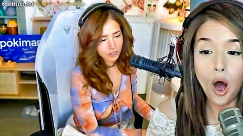 Busty Asian streamers in lowcut tops showing cleavage reacting surprised on cam