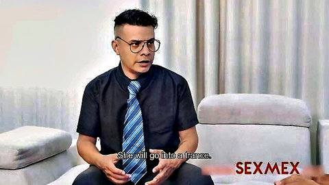 Pamela Rios mesmerized in trance, suited man gesturing, SEXMEX studio