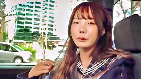 Ichika Matsumoto in sailor uniform smiling in car, JAV thumbnail
