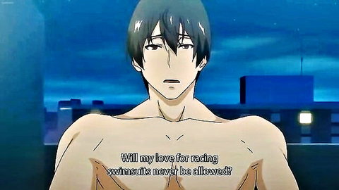 Shirtless muscular anime guy in hentai pondering love for racing swimsuits