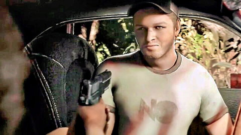 Armed man in cap holding pistol from car window in jungle outdoor scene