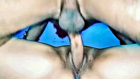 POV closeup of thick cock penetrating hairy wet pussy during intense pool sex