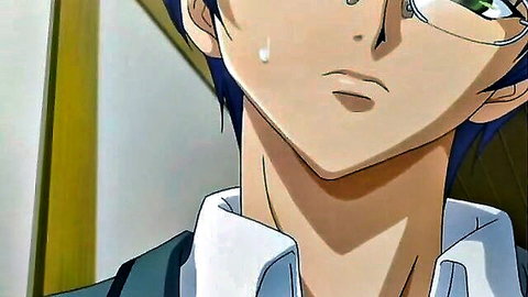 Tearful anime teen boy with glasses dripping thick cum on his face in hentai bukkake