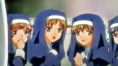 Four cute anime nuns in blue habits from Ikusa Otome Valkyrie hentai
