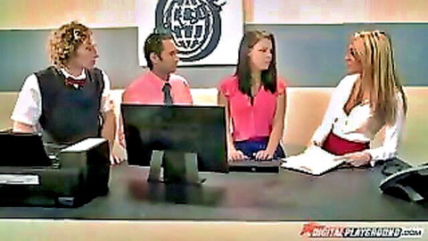 Julia Tavella in office seduction with guys, hot group tease