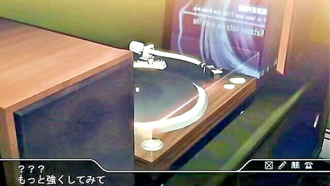Vintage Dual turntable with glowing blue tonearm on wooden hi-fi cabinet in Japanese game screenshot