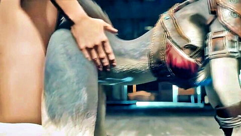 Nude woman grips armored monster's furry thighs in doggy style pose for fantasy beast fuck in 3D CGI.