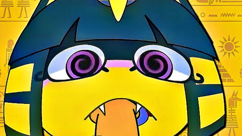 Ankha hentai close-up with hypnotic spiraling eyes and tongue out
