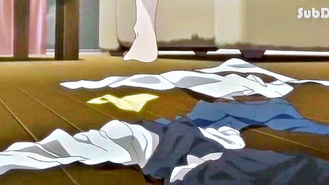 Nude anime girl lying on floor with scattered clothes in hypnotic hentai scene