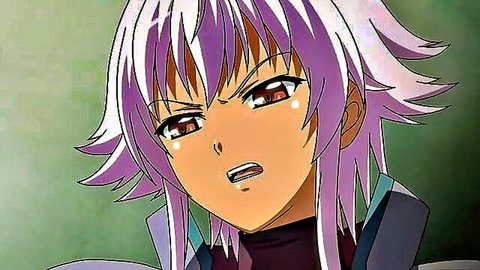 Anime girl with big breasts from Kyonyuu Fantasy 2 hentai, purple hair, surprised red eyes