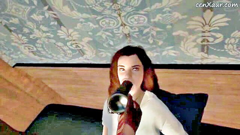 Hermione Granger cosplay in white blouse and red tie holding toy in VR hentai scene