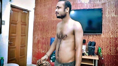 Shirtless hairy Indian Desi man in checkered shorts, naughty servant seduced by Suchorita