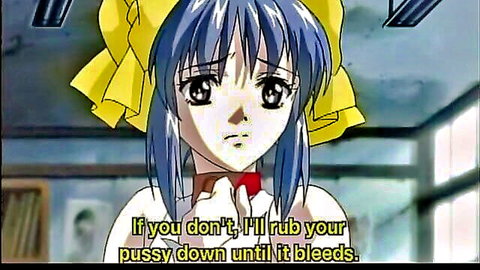 Blue-haired anime schoolgirl in sailor uniform with explicit threat text