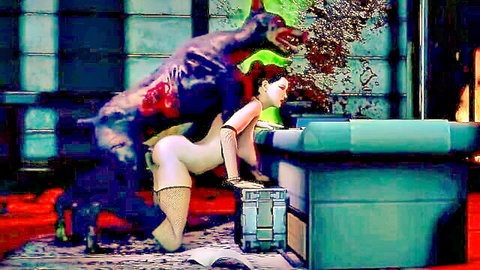 3D purple beastman fucking nude big tits woman doggystyle over desk with monster cock in pussy