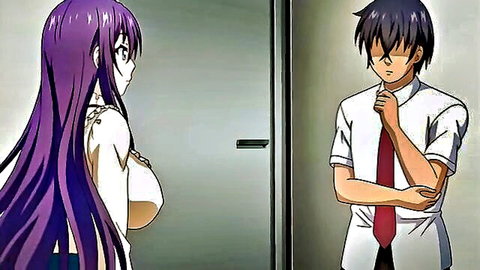 Purple-haired hentai babe with massive tits in open top teasing surprised schoolboy through door