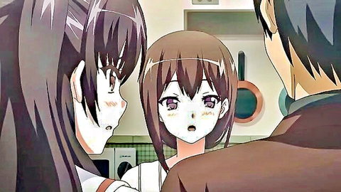 Anime hentai thumbnail of two cute Japanese girls with a man in casual scene