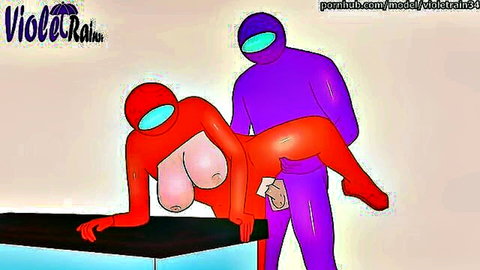 Anime Among Us hentai: Red curvy crewmate bent over, penetrated by purple imposter
