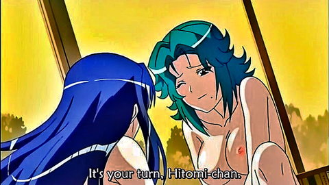 Hentai anime scene: blue-haired girl with topless green-haired Hitomi-chan intimate moment